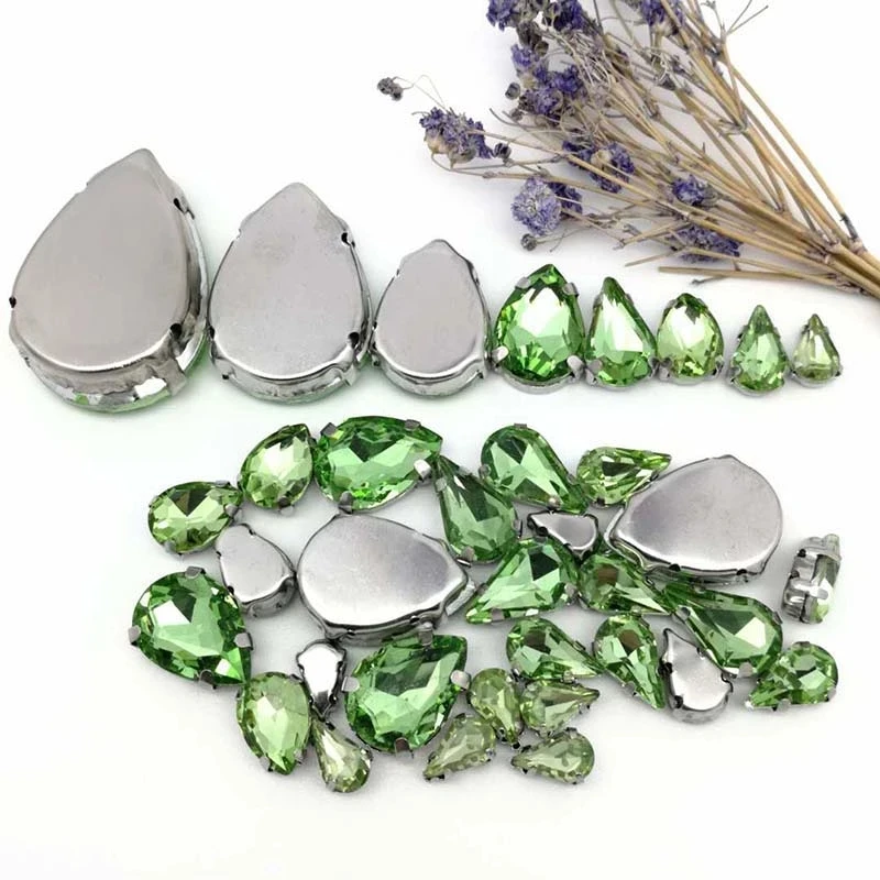 35pcs Silver claw Light green  Water drop shapes mix candy AB glass crystal sew on rhinestone wedding dress shoes bag diy trim