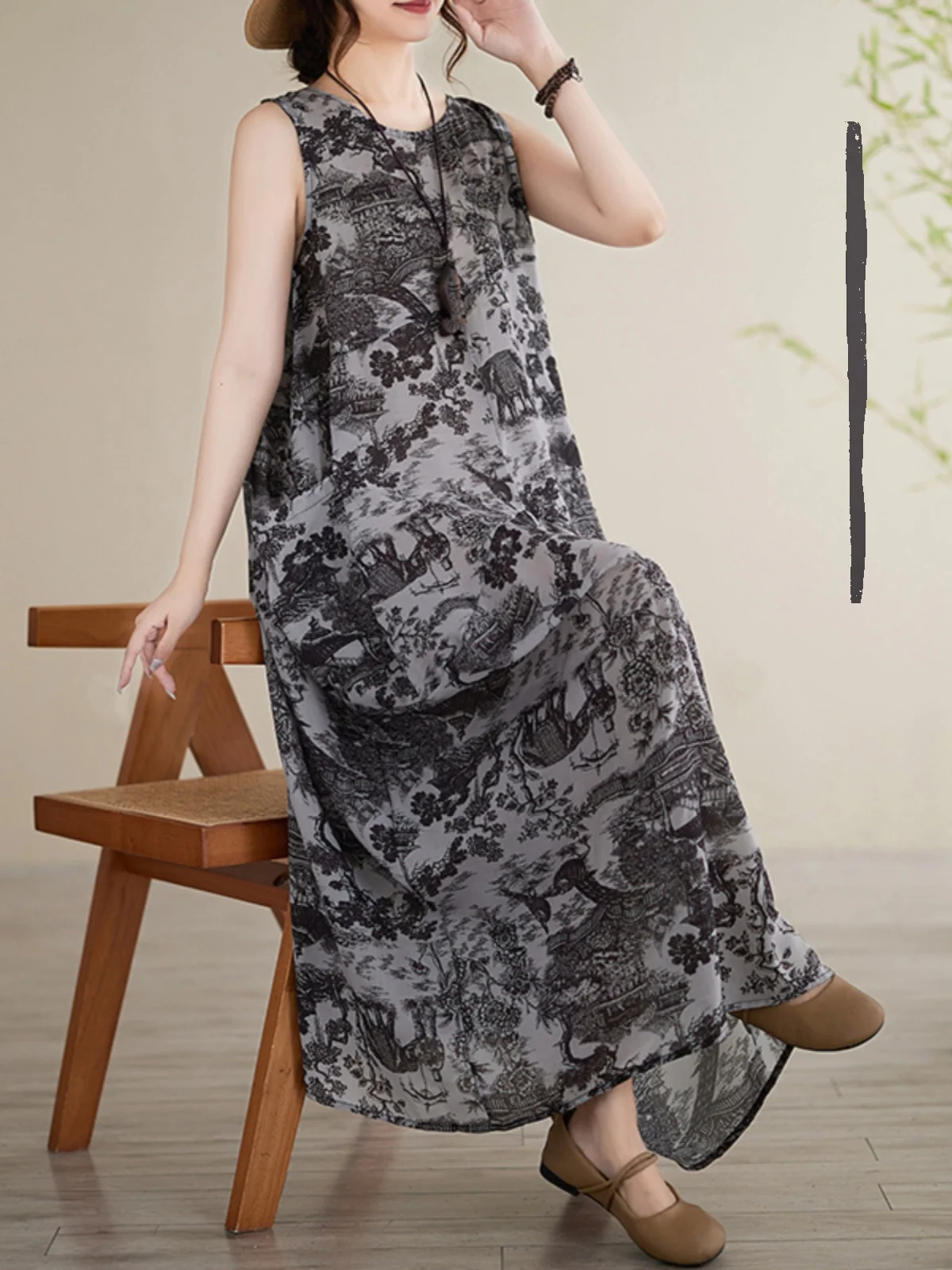 

Retro Print Loose Fit Svel Vest Dr Large Size Women's Clothing round Ne Slimming Long Dr Commute Sle Cotton S...