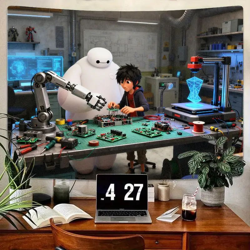 

1PC Baymax Hiro Robotics Lab Tapestry, Modern Polyester Inventor Wall Art for Science Enthusiast Room Decor Gift