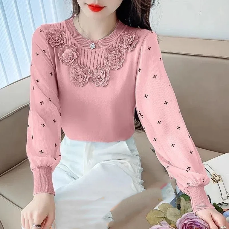 Korean Fashion Autumn New Women\'s O-Neck Lace Patchwork Flower Temperament Chic Long Sleeve Pullovers Chiffon Shirt Knitted Tops