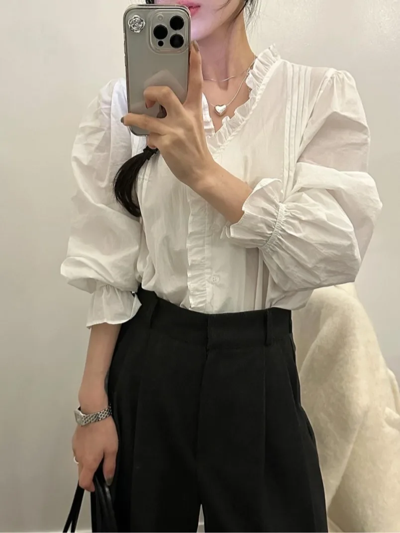 

Faionable Vintage Chic Long Sve Ruffle Hem irt Top Autumn Winter Anti-Aging Small ence Design Korean Sle Women's...