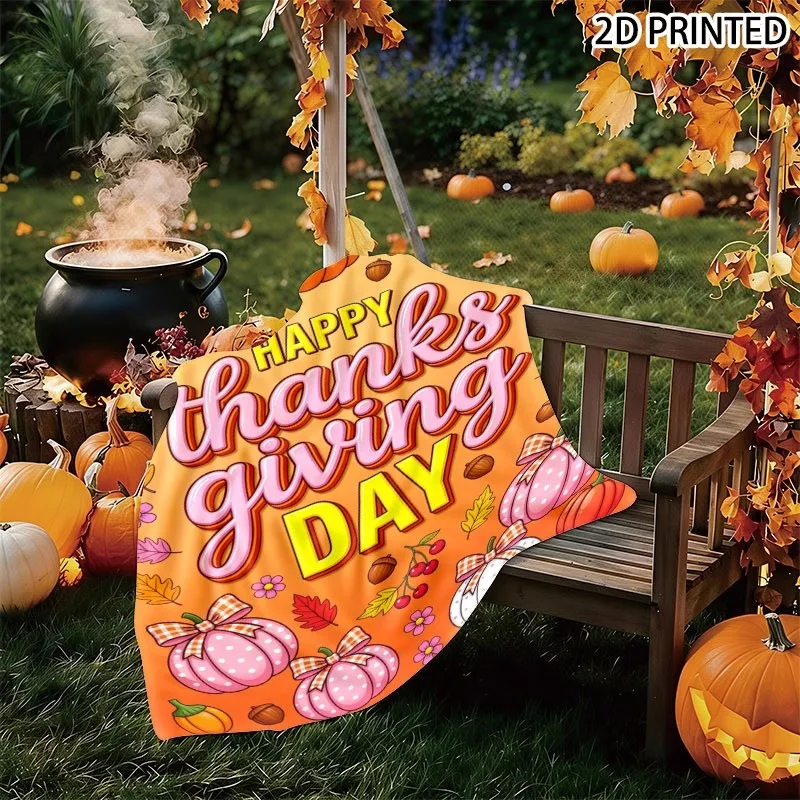 Vibrant Thanksgiving Themed Print Throw Blanket with Warm Orange Background, Festive Pumpkins, Autumn Leaves, Acorns & 