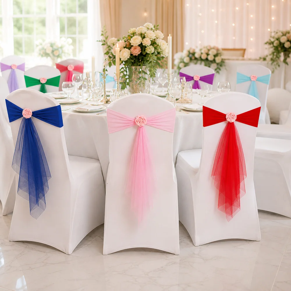 Bows Chair Back Bow Decorative Belt Elastic Band Ready Made Event Chair Straps Ties Fastening Rose Flower Satin Chair Sashes