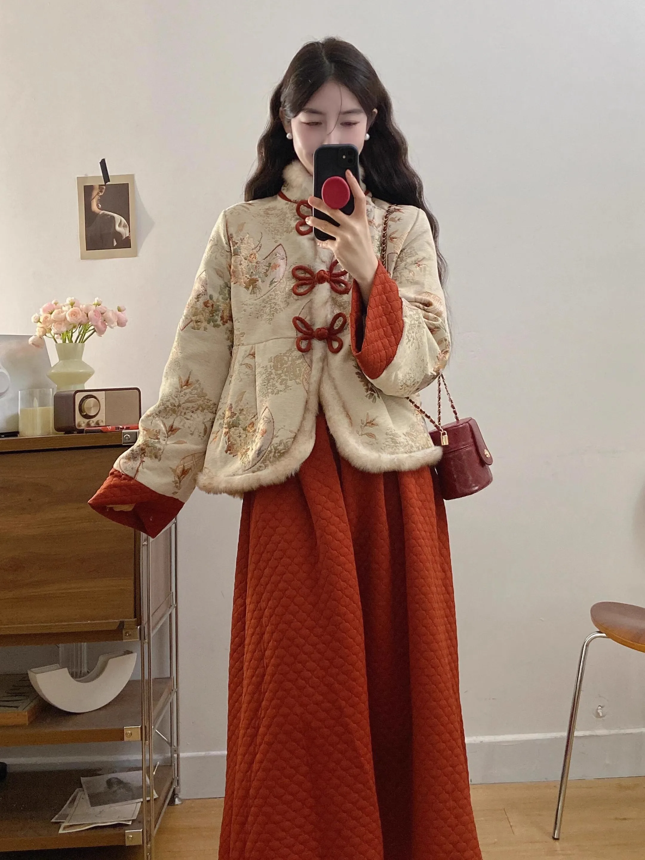 

Новый китайский утепленный хлопковый комплект из двух предметов: юбка и куртка, женский зимний элегантный длинный ципао, повседневная одежда из полиэфирного волокна