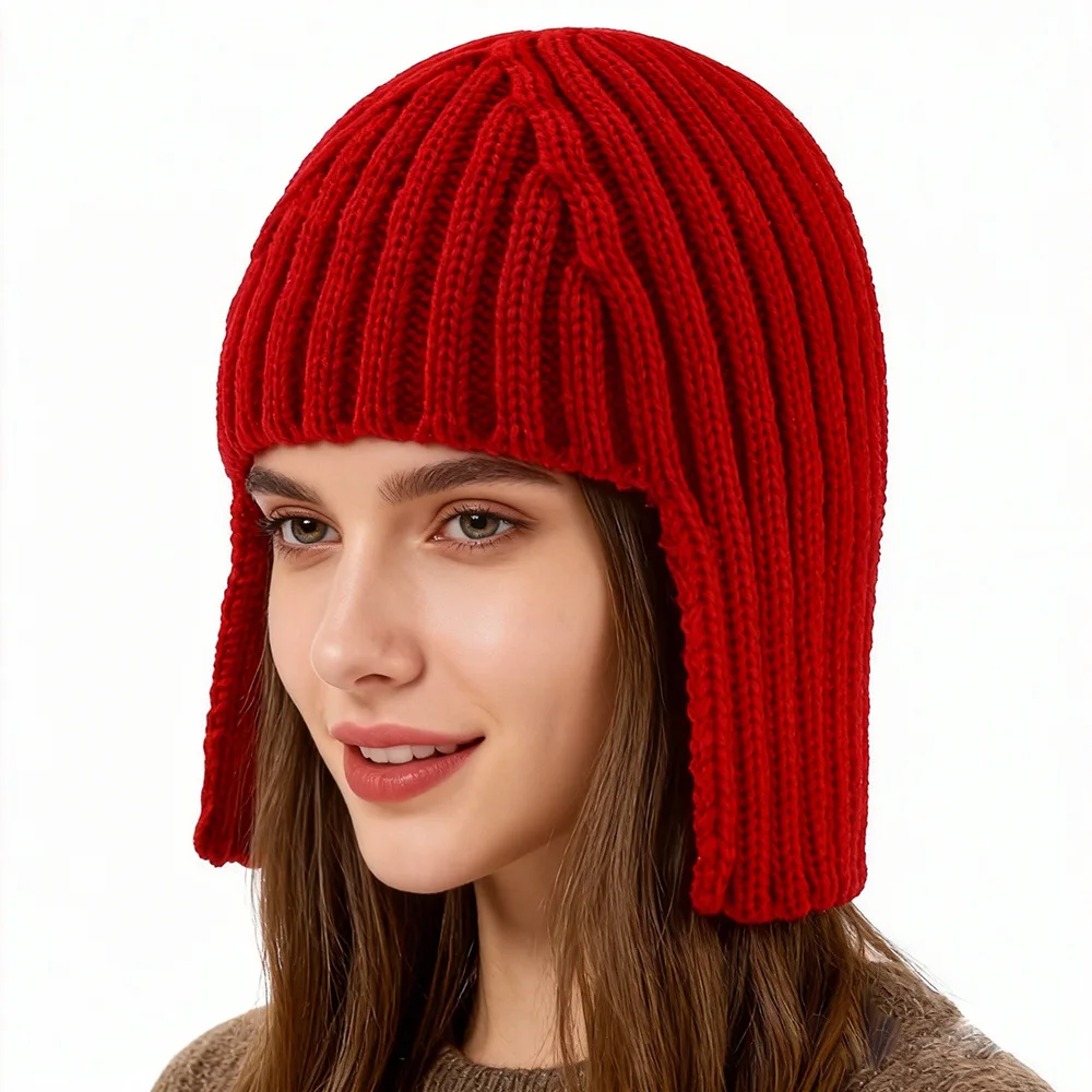 Hot Girl Perücke Strickmütze für Damen, warmer Gehörschutz für Herbst und Winter, Kopfbedeckung, modische Wollmütze im Einkaufsstil – Detail 6