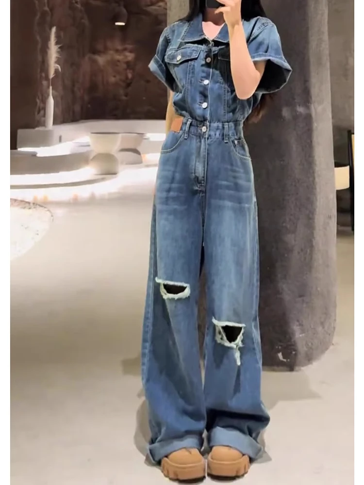 

Летние тонкие женские джинсовые брюки большого размера в стиле ретро с дырками, тонкий комбинезон с широкими штанинами, антивозрастной комбинезон с высокой талией