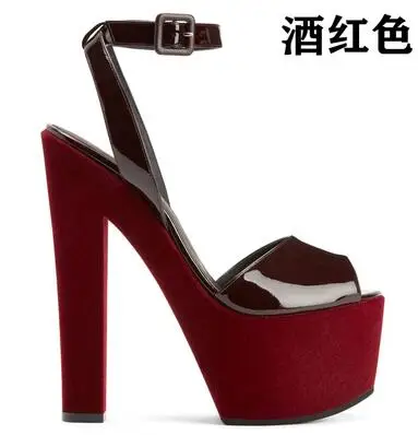 Black Burgundy Patent Leather Peep Toe Platform 17 CM Square Heel Ankle Buckle Strap Slingback Summer Sandals Women Dress Shoes