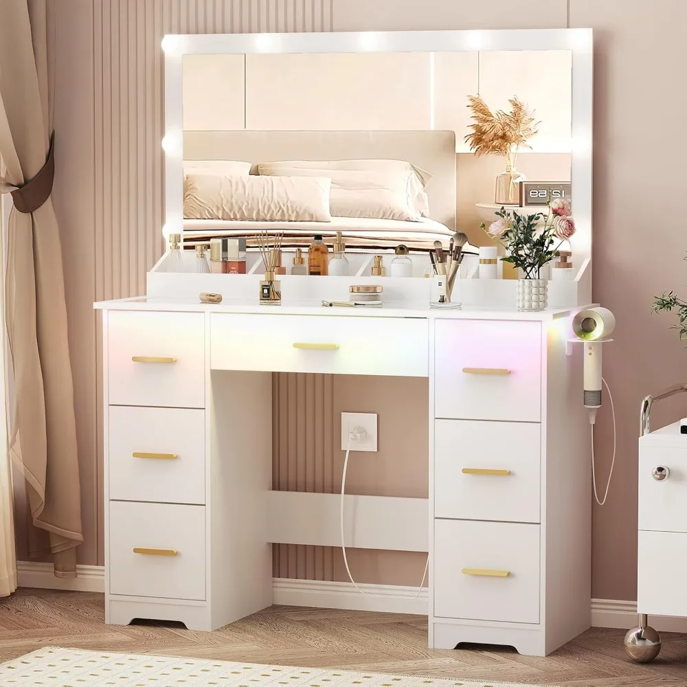 

Vanity Desk with Mirror, Makeup Vanity with 9 LED Lights and 7 Storage Drawers & Glass Top and Power Outlet & 3 Lighting Modes