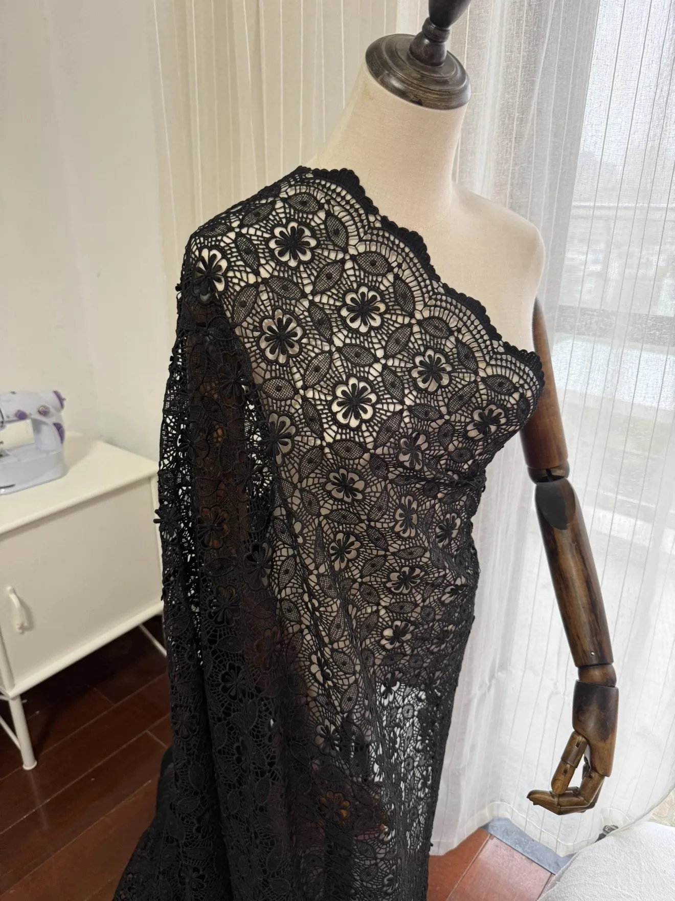 

1yard Designer customized wedding dress cheongsam fabrics for clothing Black hollow embroidery fabric