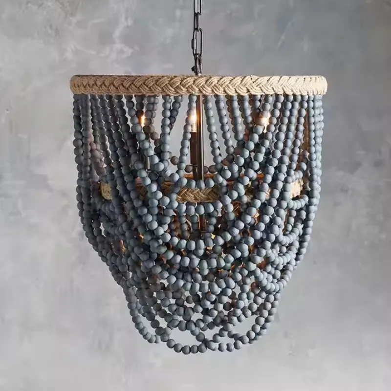 

modeling wooden bead hanging lamp antique gray iron round chandelier light wood art painting gradual change wooden chandelier