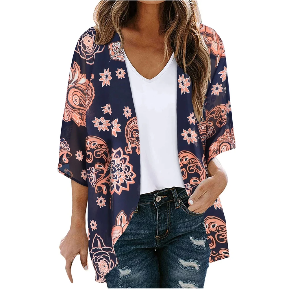 Women Floral Print Lightweight Chiffon Kimono Loose Chiffon Casual Short Mesh Bell Sleeve Panel Cardigan Boho Women Top Swimwear