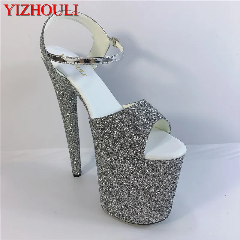 

Sparkly 20cm grey glitter waterproof platform, summer 8 inch stiletto heels/sexy high-heeled pole model walking dance shoes