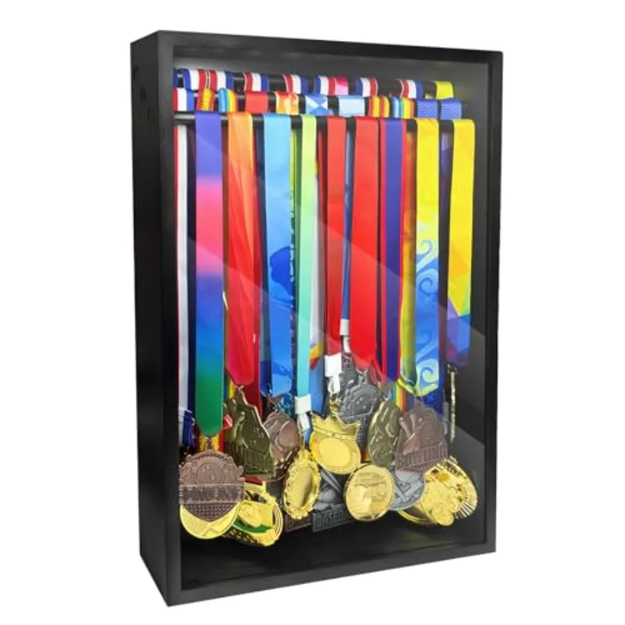 

Medal Hanger Display Case, Dust-Proof 22"x15" Wall Mount medal holder with 3 Hanging Rods and Trophy Shelf, Holds 60+ Medals, H