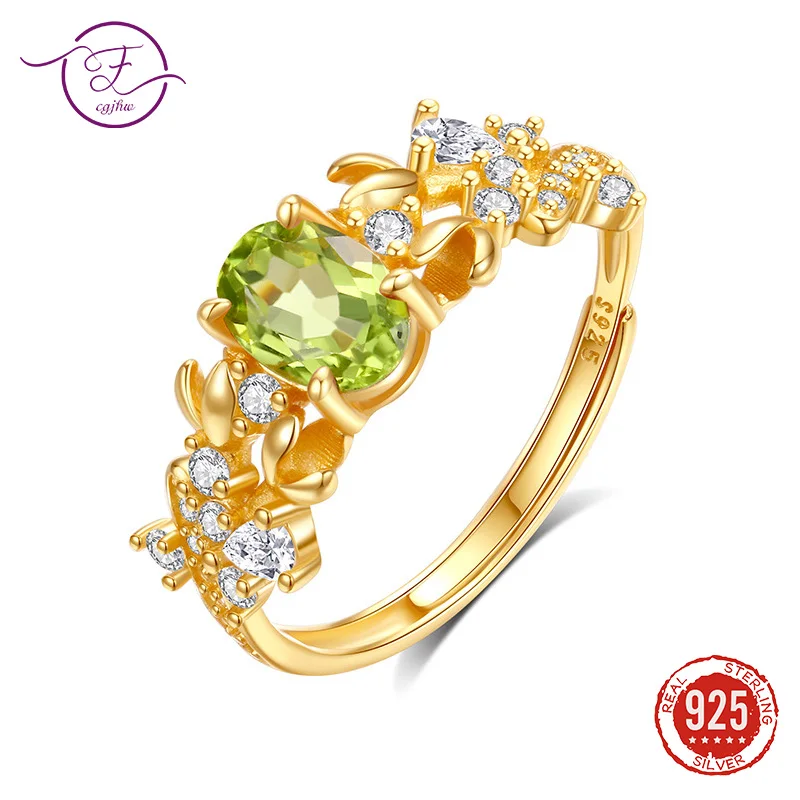 

S925 Sterling Silver Peridot Ring for Women Natural Gemstone Crystal Bands Light Luxury Adjustable Rings Dainty Jewelry FCGJHW