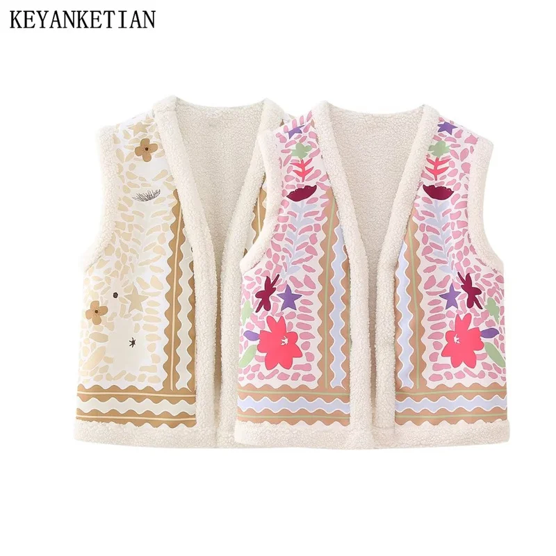 

KEYANKETIAN Autumn New Women's Printed Waistcoat National V-Neck Sleeveless Lamb Wool Crop Top Female Thick Warm Vest Outerwear