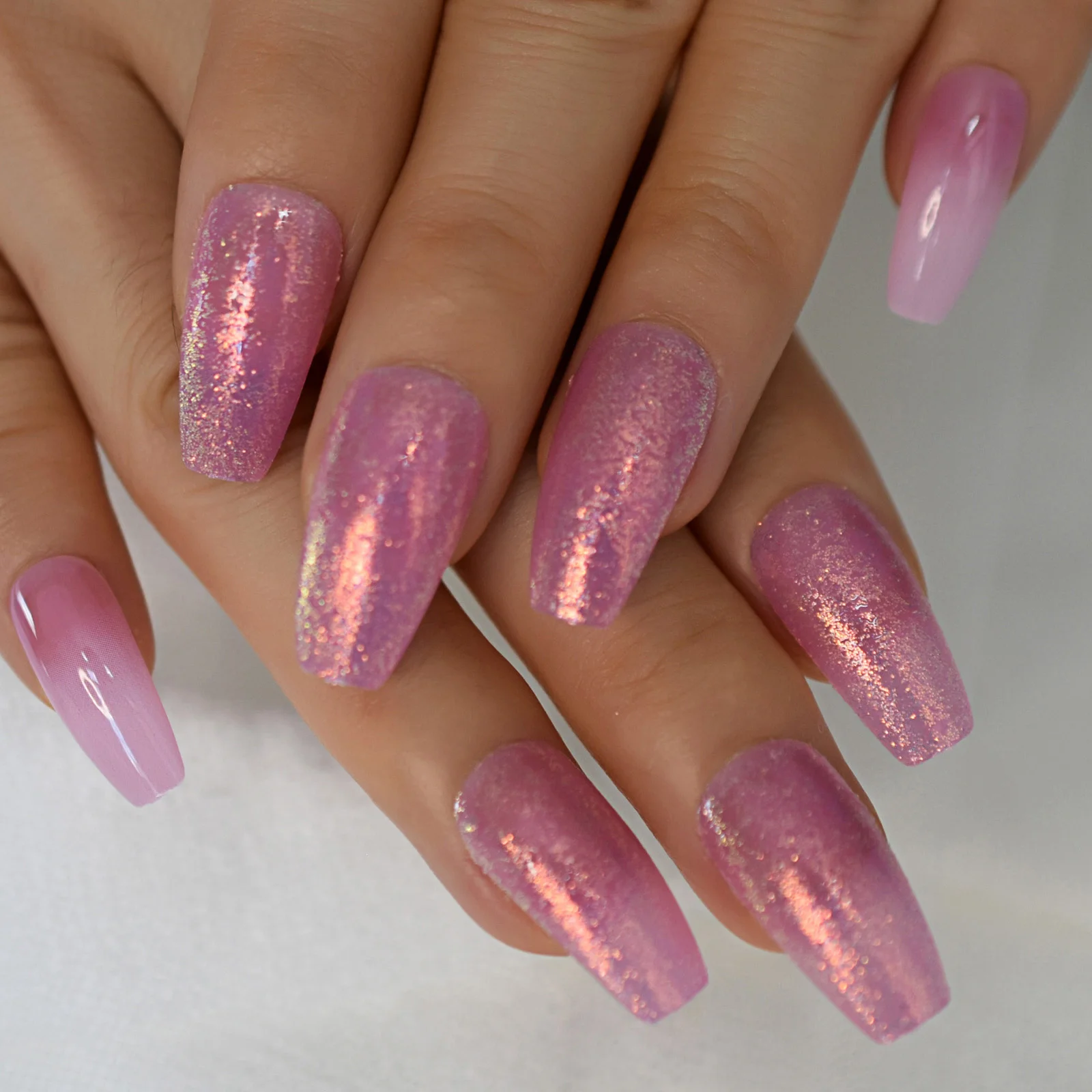 Ombre Pink French Press on False Nails Shiny Glitter Gradient Long Ballerina Coffin Full Cover Fake Fingers Nails faux ongles