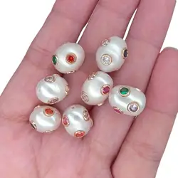 5 PCS Cultured White Pearl Multi Color Cz Pave Spacer Beads Jewelry Accessory