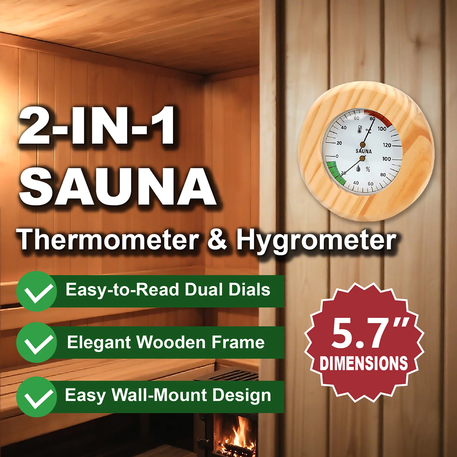 Sauna Thermometer 2 in 1 Wooden Sauna Hygrothermograph Sauna Accessories Indoor Humidity Temperature Measure Tester Meter
