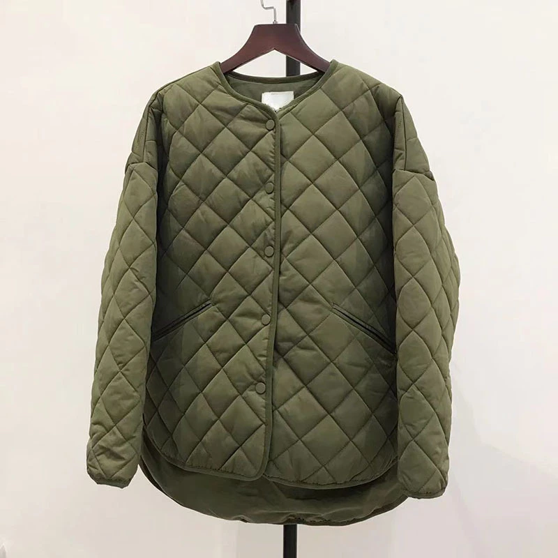 

Rhombus Plaid Silhouette Padded Jacket Front Long Back Short Bread Jacket Army Green Padded Jacket Women Parkas