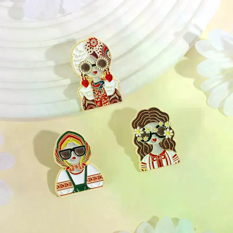 Cartoon Russian Girls Character Costume Images Enamel Pins Custom Ethnic Style Figure Souvenir Brooches Lapel Badge Jewelry Gift