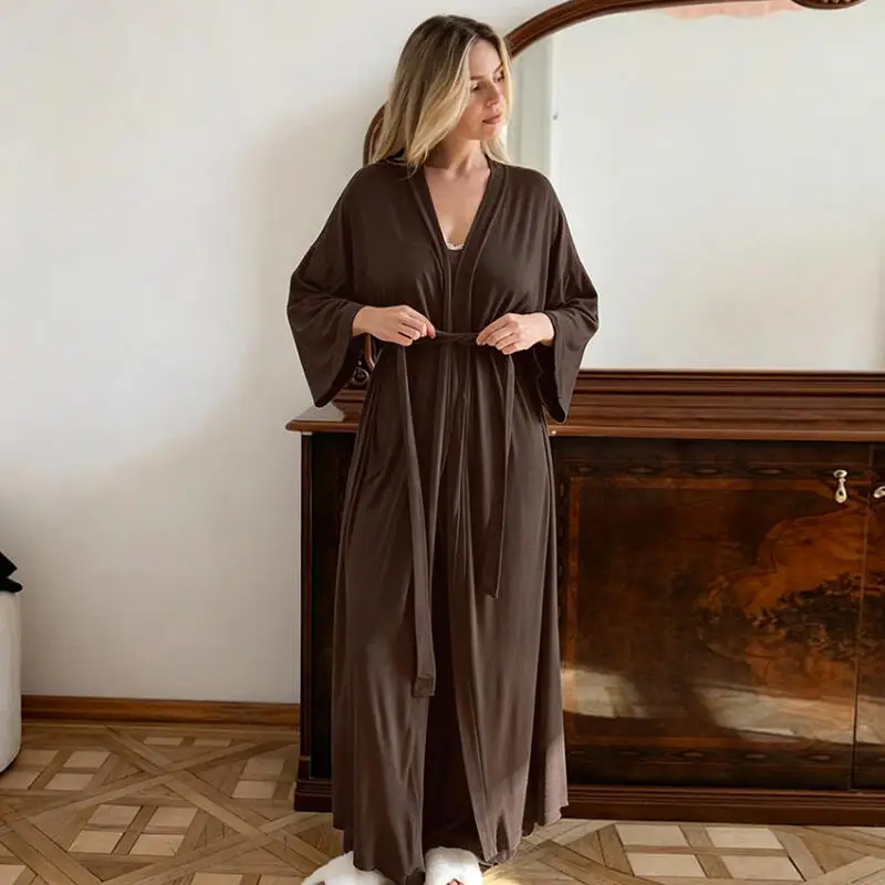 Women New Knit Long Robe Solid Color Comfy Bathrobe Homewear Loose Kimono Nightgown Gown Casual Belt Loungewear Dressing Gown