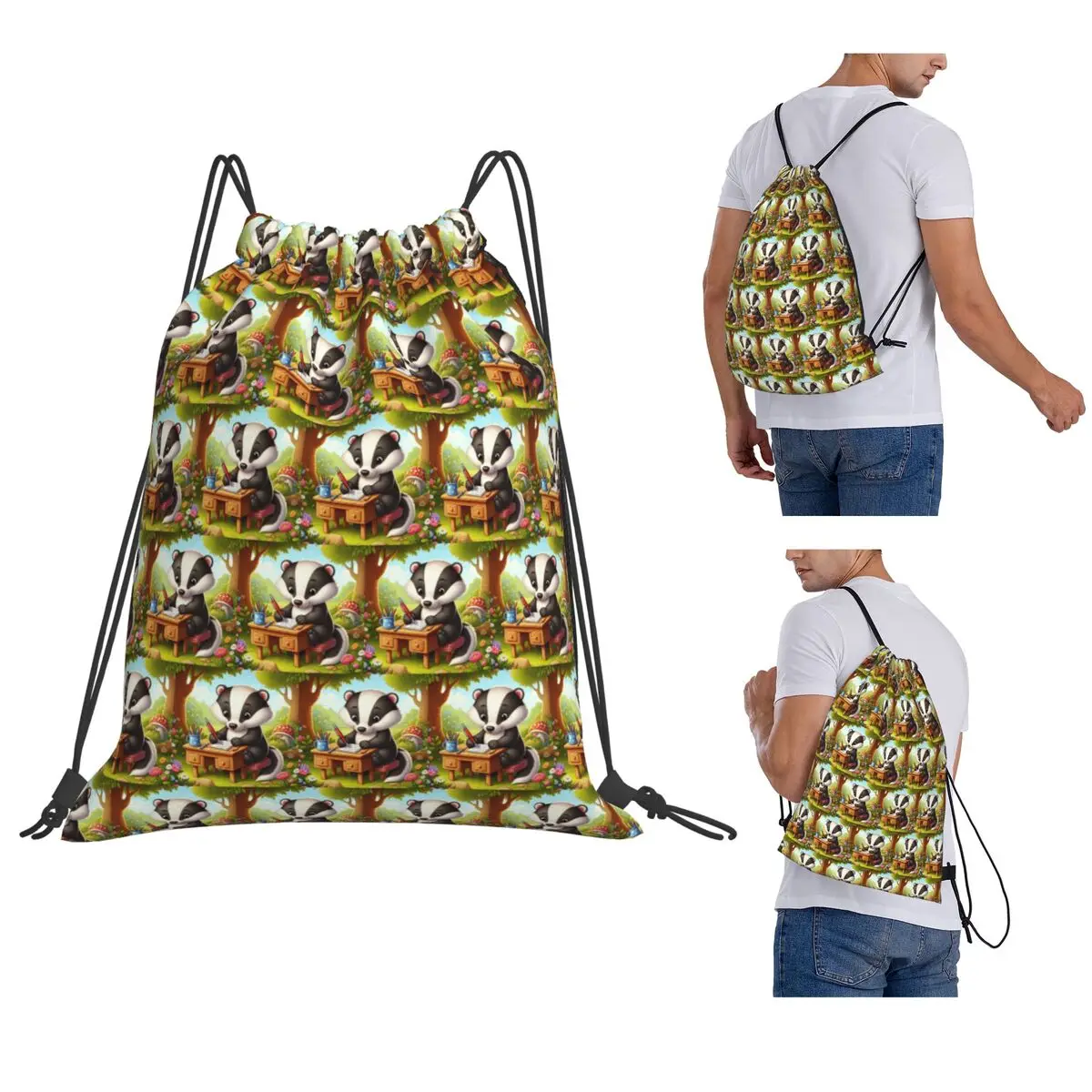 

Honey Badger Writer Cozy Nature Emblem Backpacks Fashion Drawstring Bundle Pocket Sundries Bag Book Bags for Travel Students