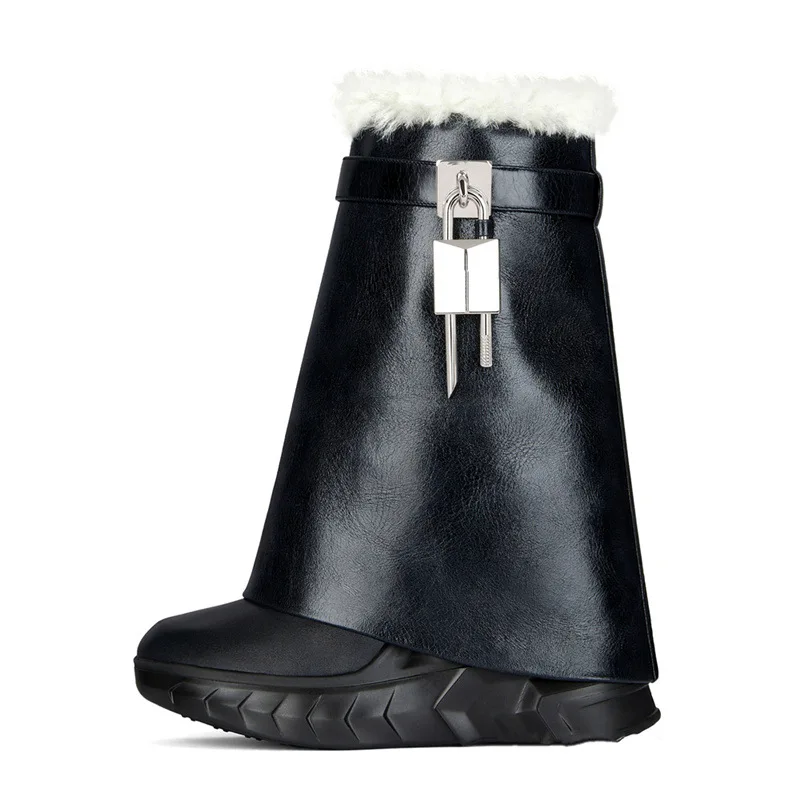 Winter Fashion Design Round Head Lock Shark Buckle Mid Calf Boots Large Size Women Platform Wedges Leather Western Trouser Boots