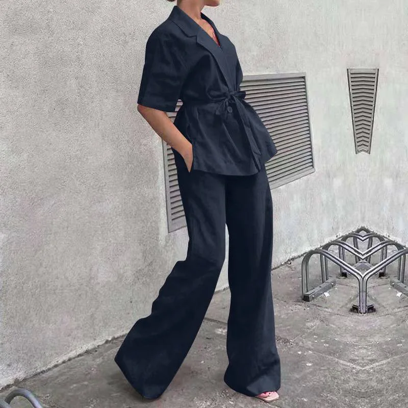Moda terno colarinho de manga curta algodão linho calças femininas 2 peça verão casual topo amarrando calças bolso terno feminino