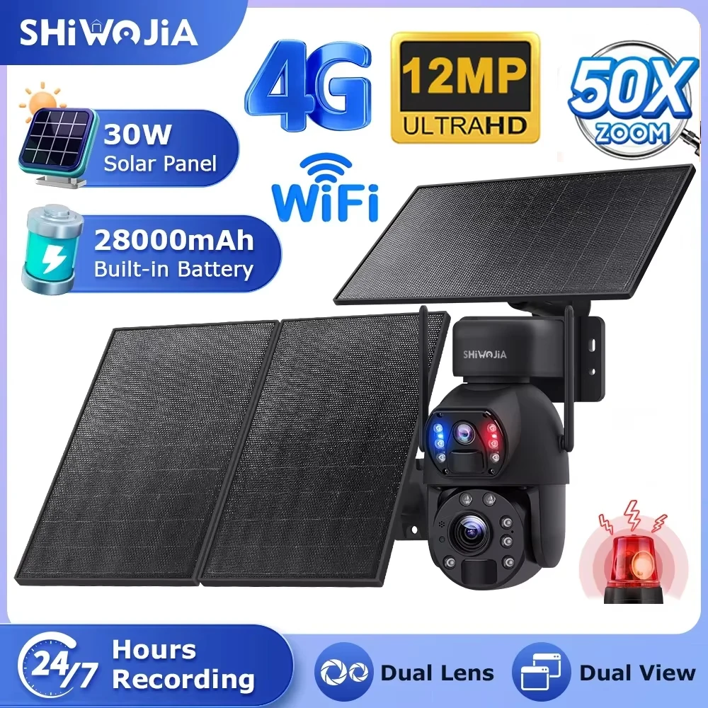 

SHIWOJIA 12MP 50X ZOOM Solar Camera 4G SIM 30W Solar Panel 28000mAh Battery Camera 360 Outdoor Dual Lens Recording Humanoid PTZ