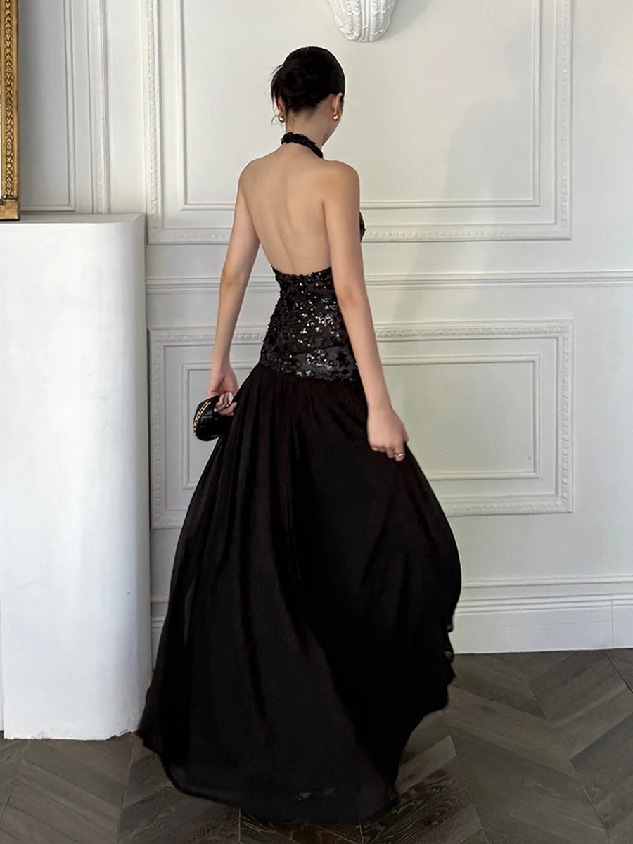 REDDACHiC 여성용 블랙 글리터 파티 드레스 홀터 백리스 오프 숄더 스티치 맥시 롱 드레스 이브닝 럭셔리 생일 의류