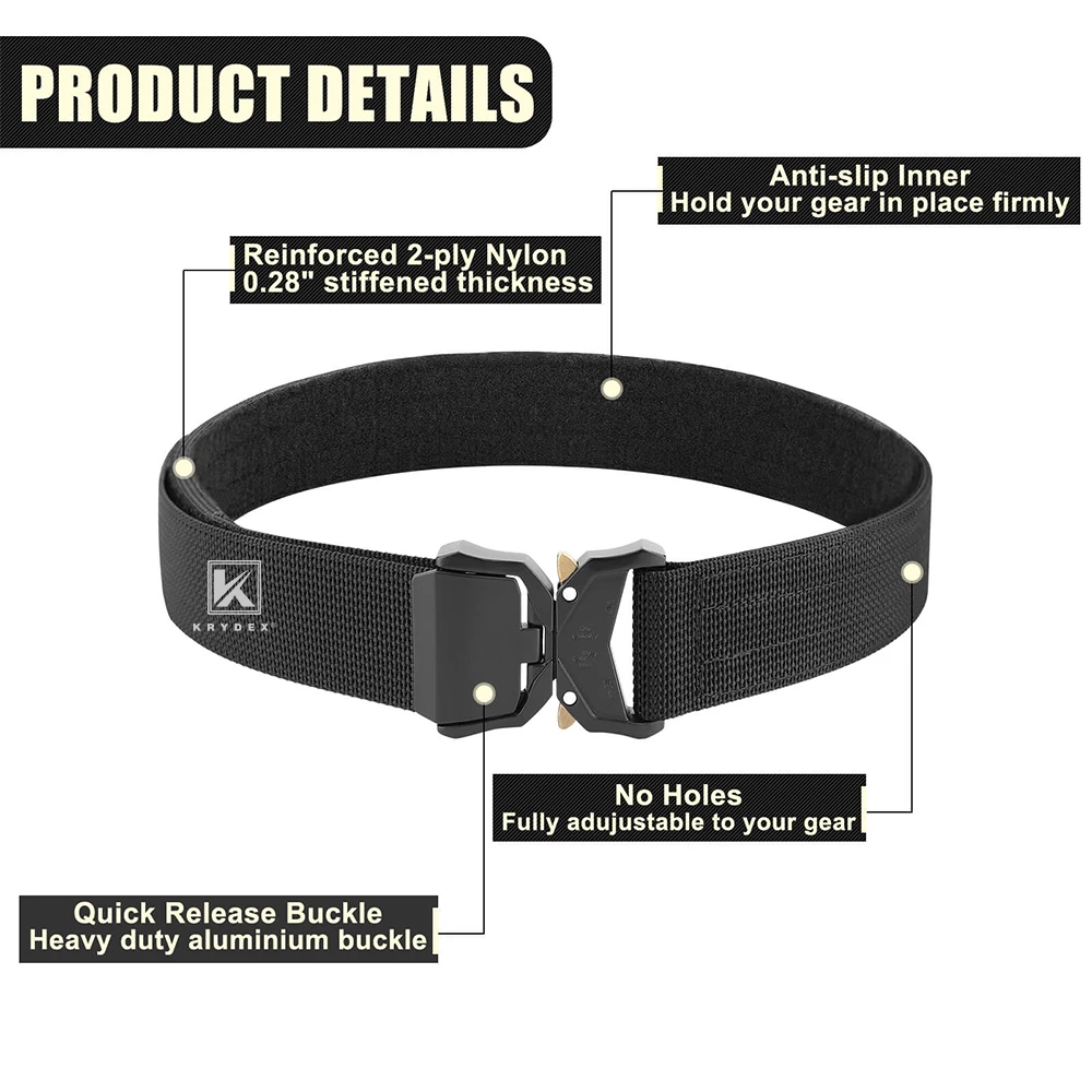 KRYDEX Tactical 2-Ply 1.5 Inch Riggers Heavy Duty Belt Quick Release Buckle Shooting Men Outdoor Combat Hunting Belt Black