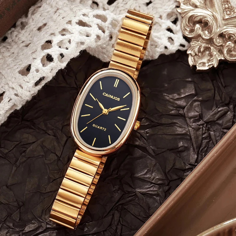 Relógio de quartzo feminino com mostrador pequeno oval, aço inoxidável, moda casual, relógios para meninas, estudantes, presentes de feriado de natal para mulheres