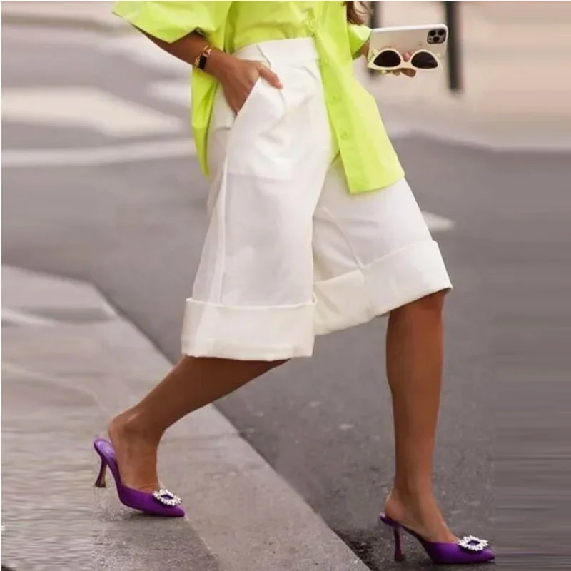 Women's Wide Leg Pants & Capris for Spring Summer 2025 Loose Casual Knee Length White Shorts Simple Trousers Bottoms for Female