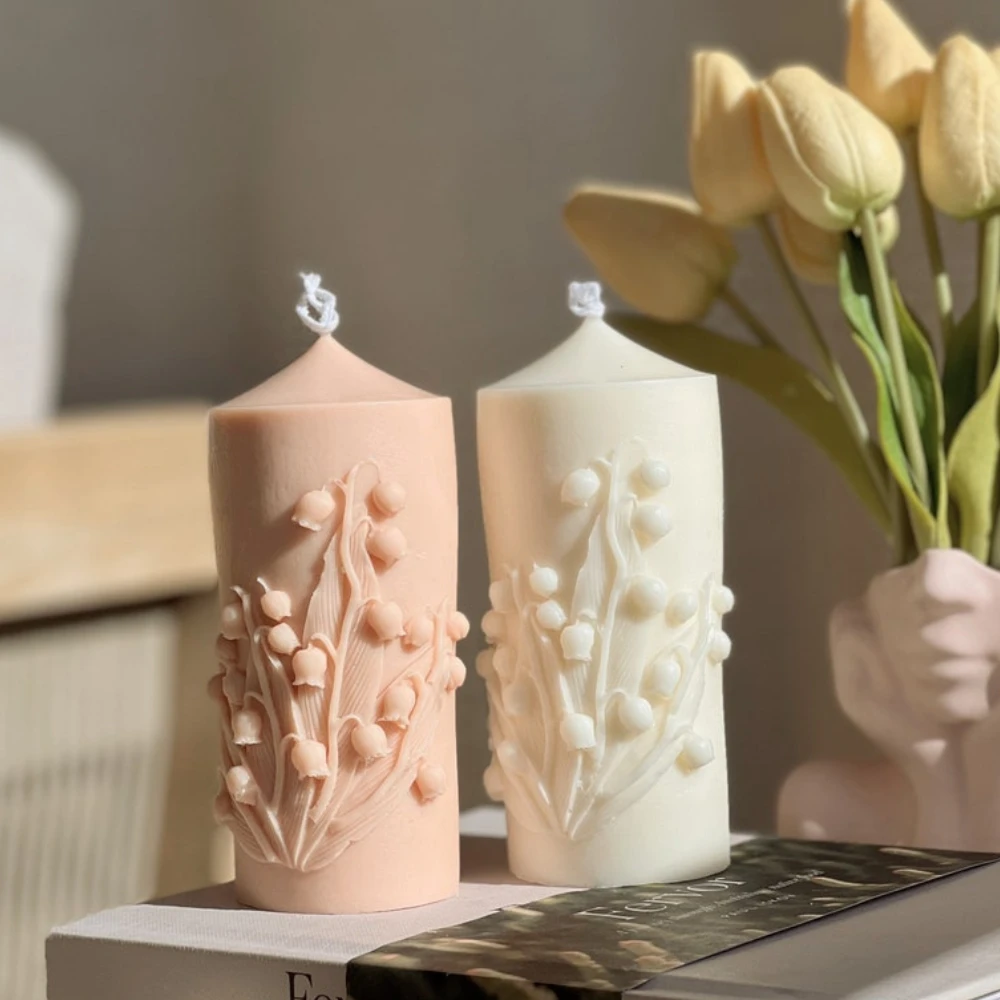 Relief Lily Column Candle Silicone Mould Flower Pillar Gypsum Mold Convallaria Cylinder Resin Making Tool Geometry Wedding Decor