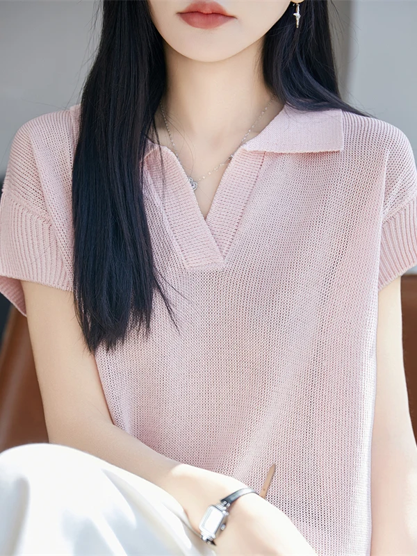 

Ladies Neck Short Sleeve Ice Silk Knitted T-Shirt Women's Summer Thin Style Slimming Top Small Flying Sleeve T-Shirt