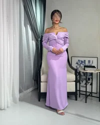 Lilac Purple Prom Dress Mermaid Boat Neck Formal Women Evening Dress Long Sleeves Pleated Ankle Length Saudi Arabia Party Dress