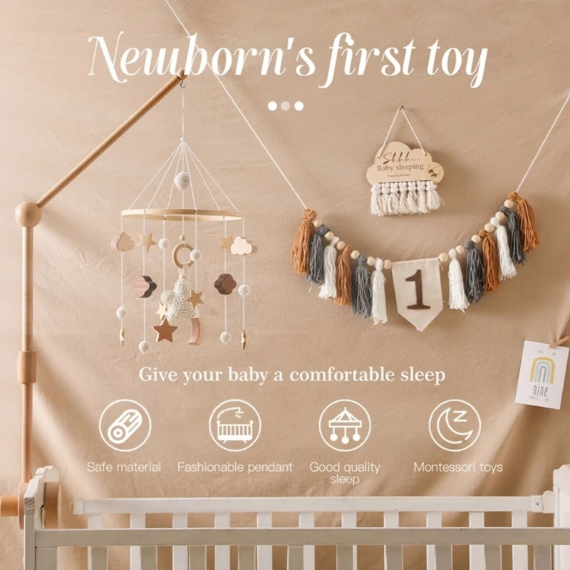 เปลเด็กน่ารักมือถือ Baby Mobile Star Moon Nursery Decor Boho- Crib Mobile Nursery แขวนเตียง เครื่องประดับไม้ D5QA