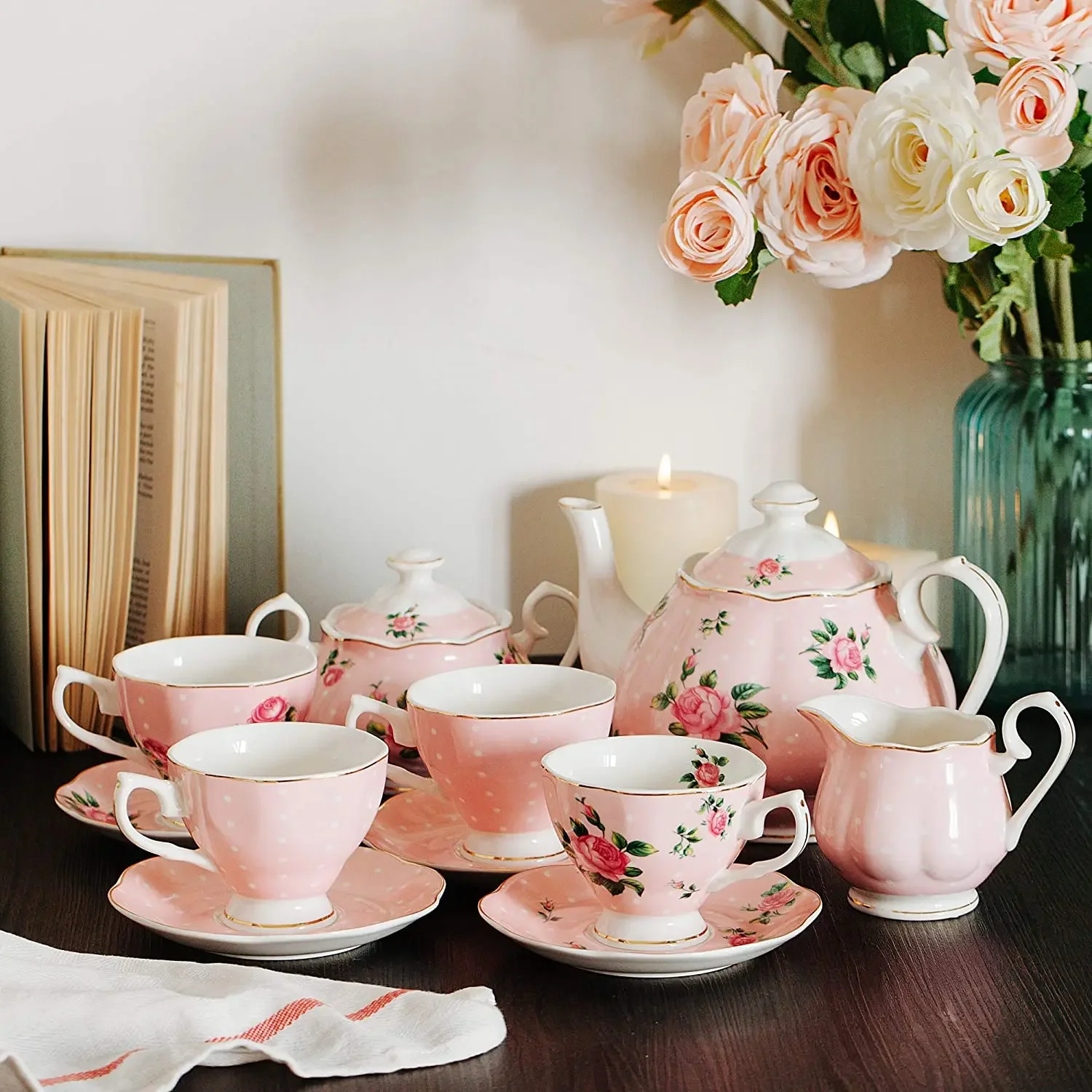 gold pattern banquet Eco-Friendly fine bone china 17pcs coffee tea set for cups and saucer pink color shining golden line