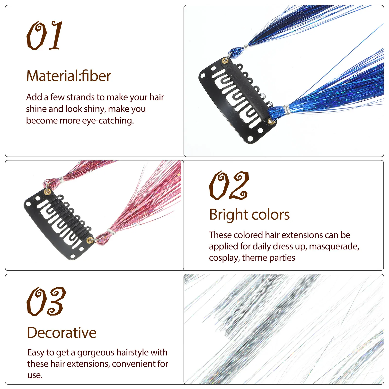 6Pcs Glitter Hair Extensions Tinsel Strands for Women Shiny Highlights Daily Dress Up Theme Parties Hair Tinsel