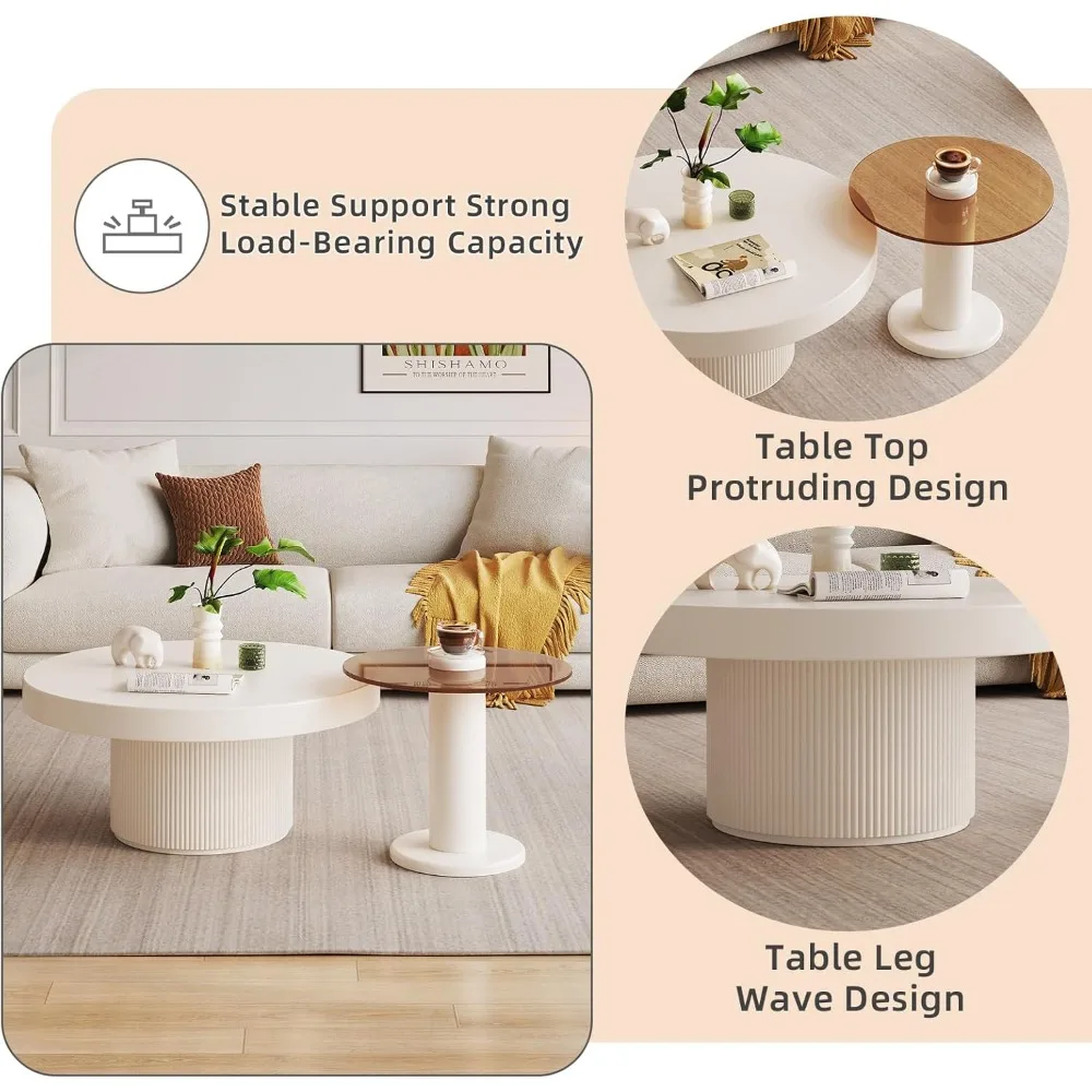 ラウンドネストコーヒーテーブル、クリーミーホワイトのかわいいセンターテーブルと強化ガラスサイドテーブルセット、リビングルーム用のモダンなエンドテーブル