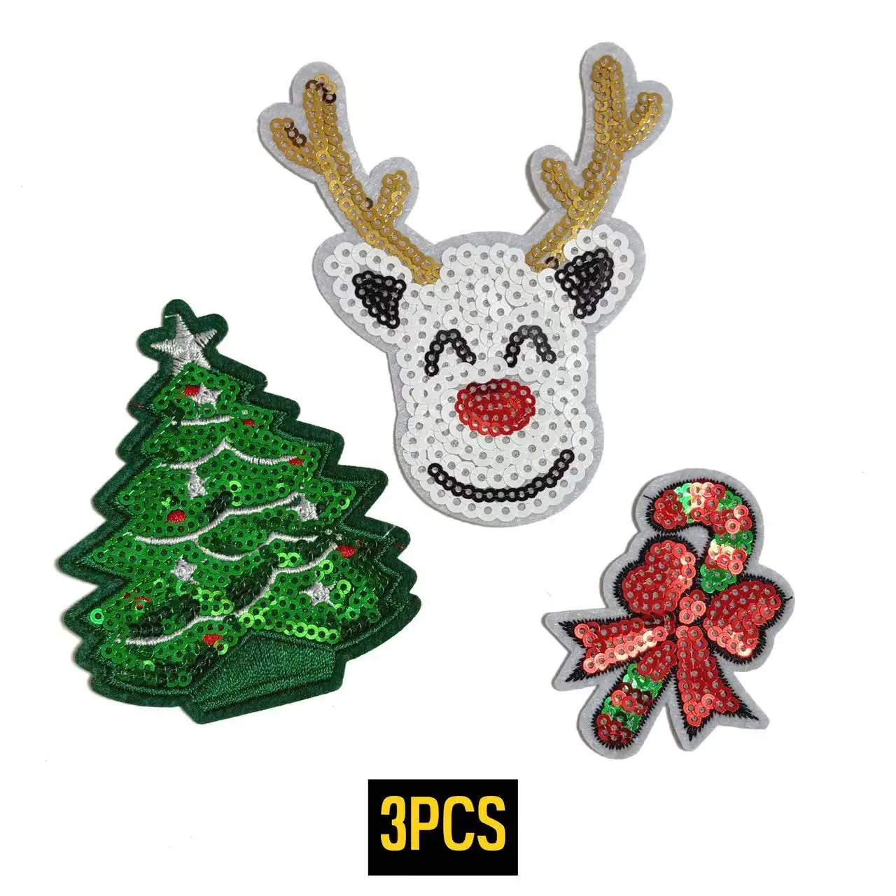 

3-Pack Christmas Sequined Embroidered Patches,Oversized Elk Festive Iron-On Applique for Clothing Backpacks Bags Jeans DIY