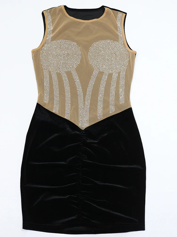 فستان Beyprern مثير للنساء بدون أكمام شبكي من حجر الراين Bodycon فستان قصير جديد شفاف برقبة دائرية سباركلي للحفلات والنوادي المسائية #6