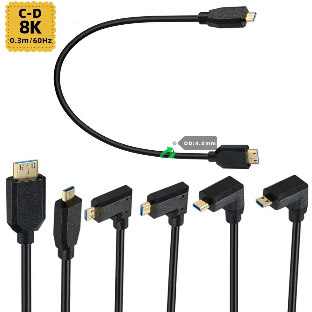 2.1V 8K@60Hz 4K@120Hz Micro HDMI-compatible Male Type D to Type C Mini HDMI Male Connector Adapter Cable Cord Black