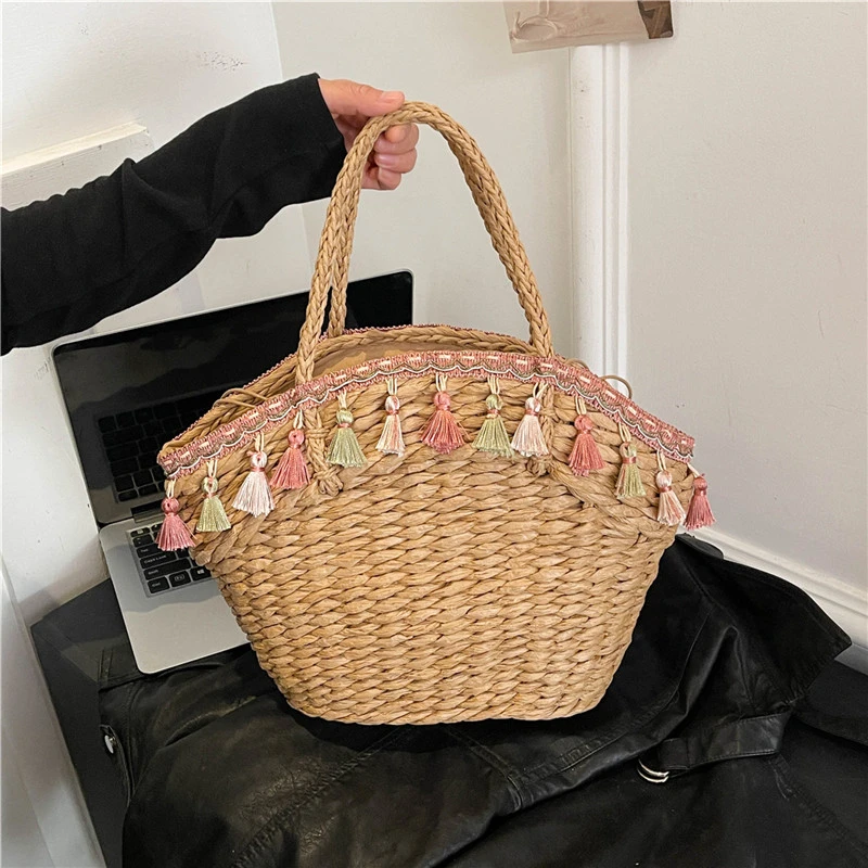 

Fashion Vacation Simple Drawstring Large Capacity Tassel Decoration Shoulder Bags 2025 New Straw Weaving Versatile Tote Bag