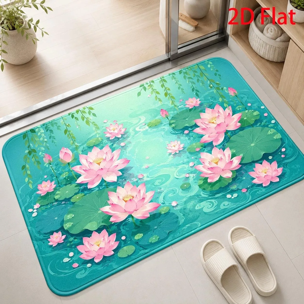 Fresh Lotus Door Mat Elegant Pink Water Lily Pond Willow Foliage Art Print Front Door Entryway Hallway Home Decor Floor Carpet