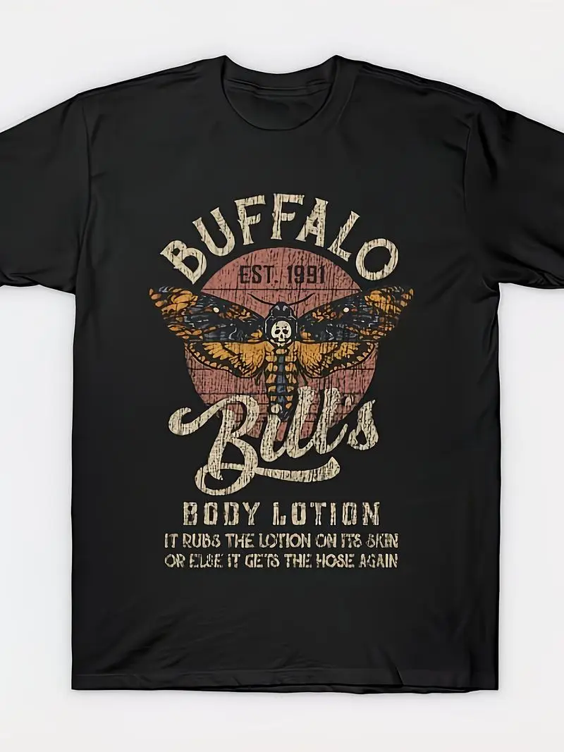 [Vintage Graphic Tee] Vintage Buffalo T-Shirt - Bold Graphic Design Black Tee With Stylized Moth And Skull Illustration - Retro