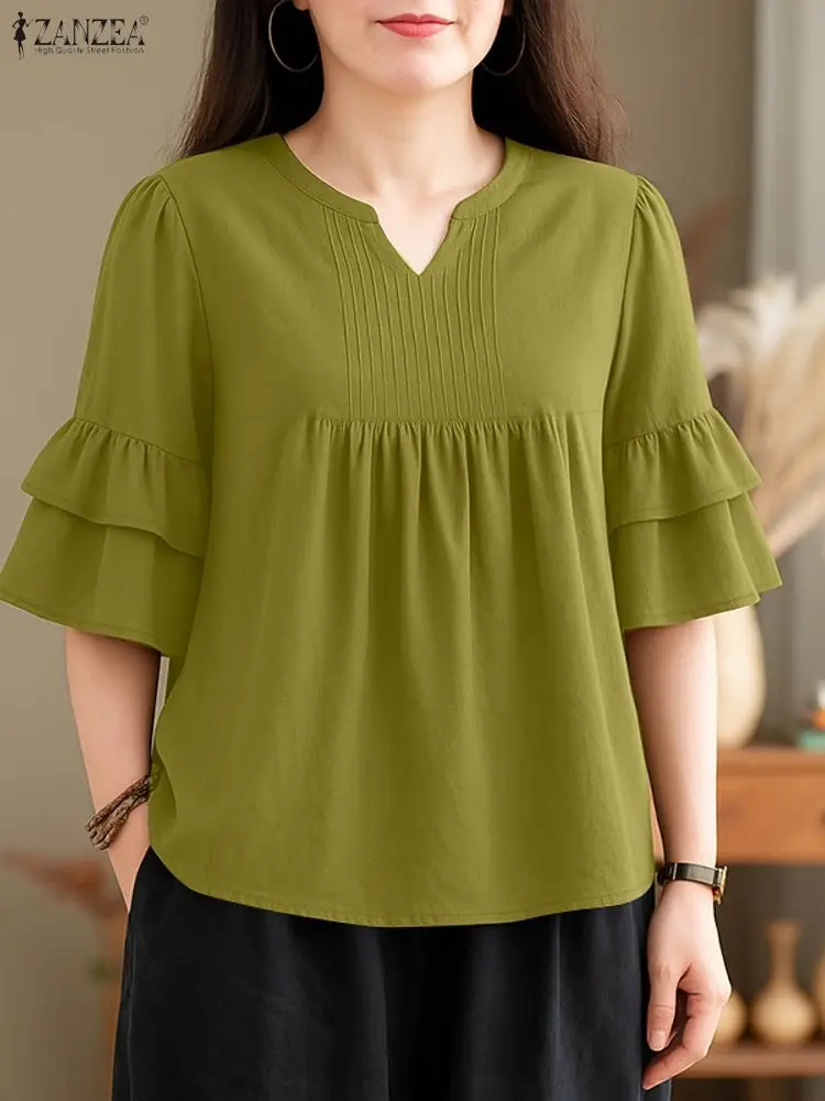 بلوزة نسائية أنيقة OL للعمل 2025 ZANZEA قميص صيفي أنيق للسيدات برقبة على شكل V 3/4 كم Blusas Mujer بلوزات فضفاضة غير رسمية #3