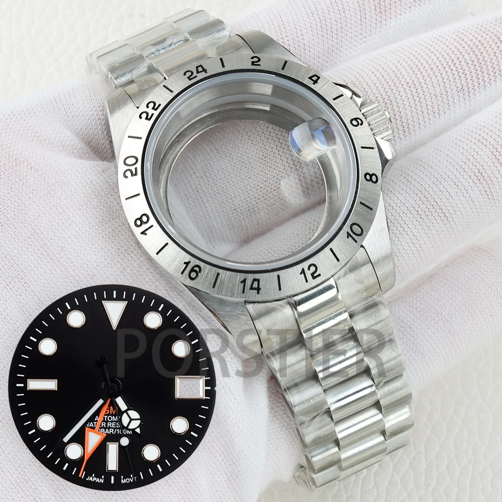 

NH34 Dial 28.5mm Watch Dial Luminous For Explorer 24 Hours GMT Solid Bezel 40MM Case Sapphire glass Fit Seiko NH34 Movement