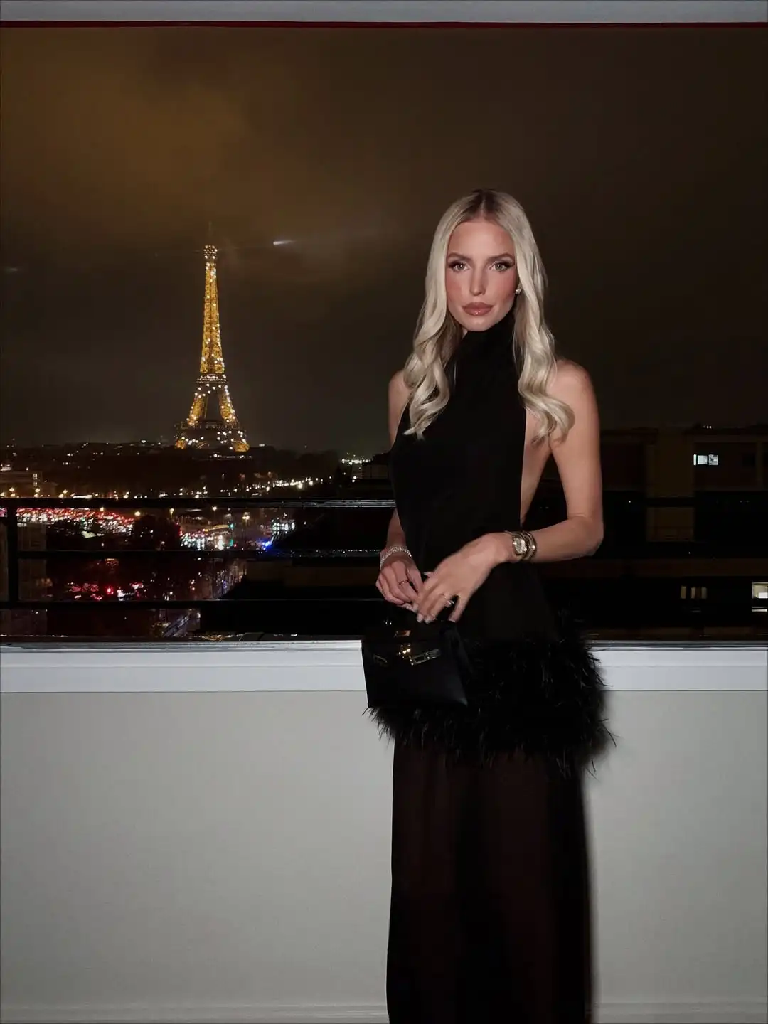 Ofherown Halter Sheer Evening Dress with Faux Fur Black High Neck Prom Gowns Long Straight Celebrity Party Dresses for Women