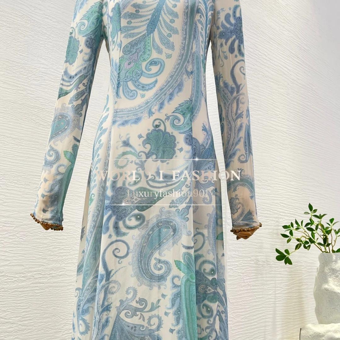 Elegant Long Sleeve Maxi Dress with Blue and Green Paisley Print  Women's Spring 2025 Fashion Belted Dress